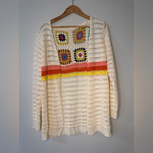 Sweaters - Boho Crochet Cardigan Granny Square Open Front Cream Rainbow Festival Sweater